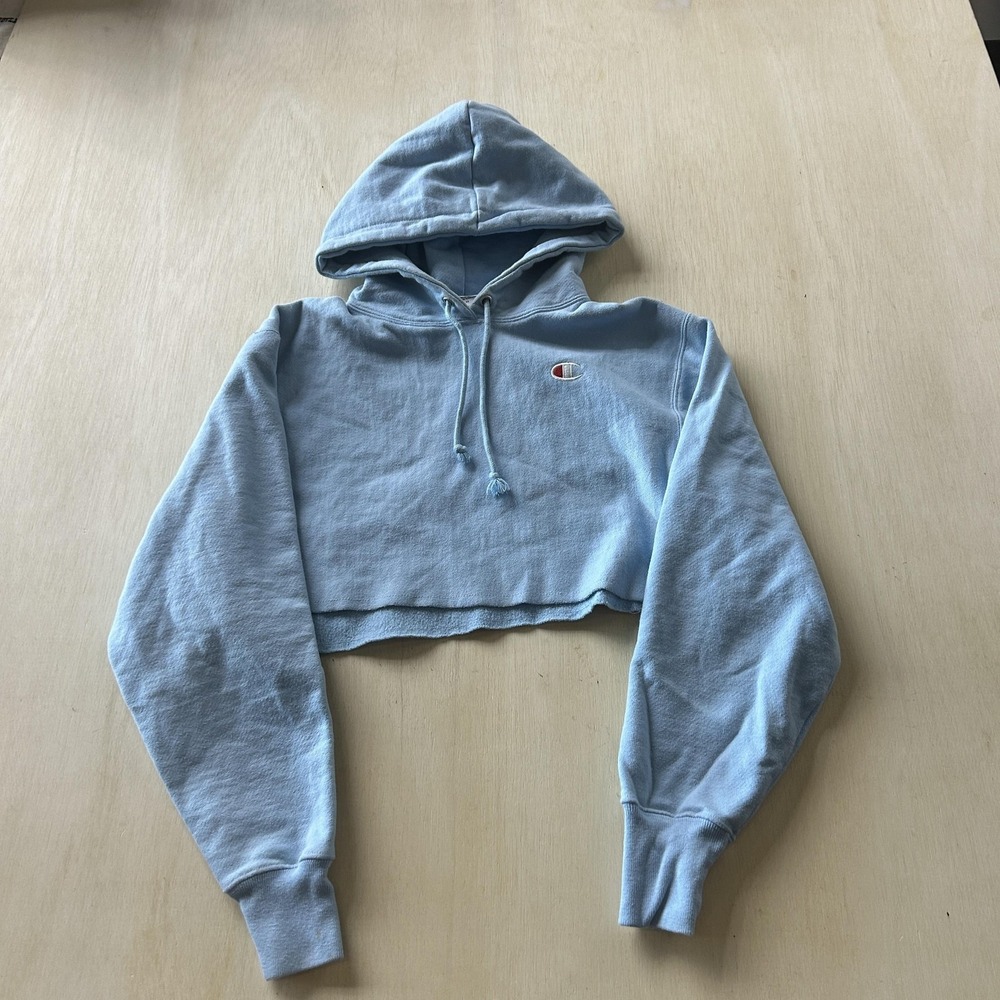 Champion Reverse Weave‎ Hoodie Womens XS Light Blue Cropped Fleece Raw Hem
